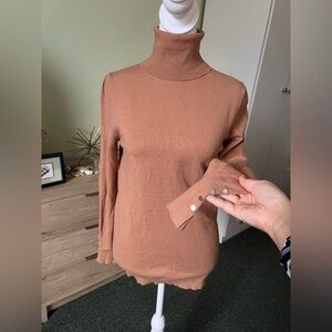 Brown Ribbed Long-Sleeve Gold Button Detail Modest Turtleneck Fitted Sweater M